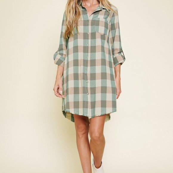 MYSTREE Plaid Button-Up Shirt Dress Shacket, Sage Green & Taupe Check Frayed Hem - Picture 3 of 7